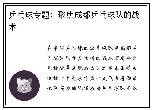 乒乓球专题：聚焦成都乒乓球队的战术