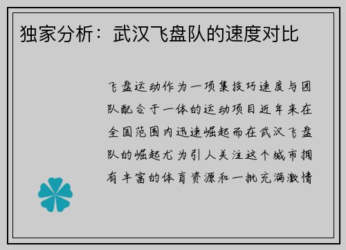 独家分析：武汉飞盘队的速度对比