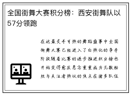 全国街舞大赛积分榜：西安街舞队以57分领跑