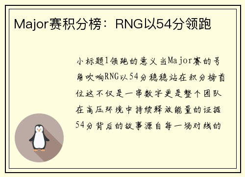 Major赛积分榜：RNG以54分领跑
