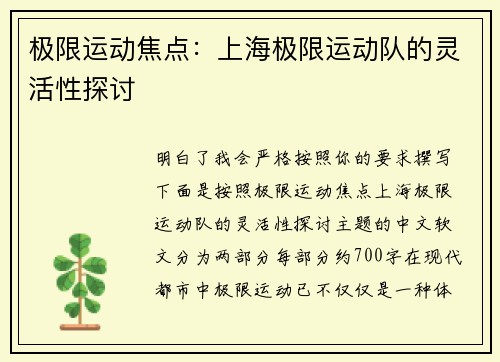 极限运动焦点：上海极限运动队的灵活性探讨