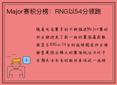 Major赛积分榜：RNG以54分领跑